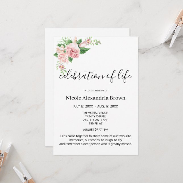 Elegant Pink Floral Tasteful Celebration Funeral Invitation (Front/Back In Situ)