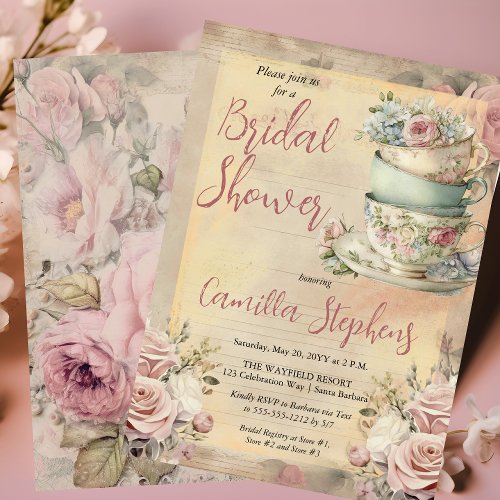 Elegant Pink Floral Tea Cups Bridal Shower Tea  Invitation