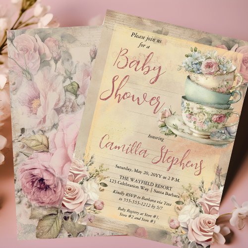 Elegant Pink Floral Tea Cups Girl Baby Shower Tea  Invitation