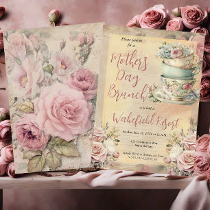 Elegant Pink Floral Tea Cups Mother's Day Brunch Invitation