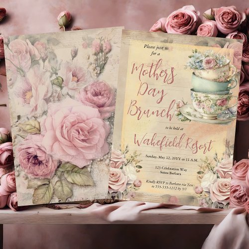 Elegant Pink Floral Tea Cups Mothers Day Brunch Invitation