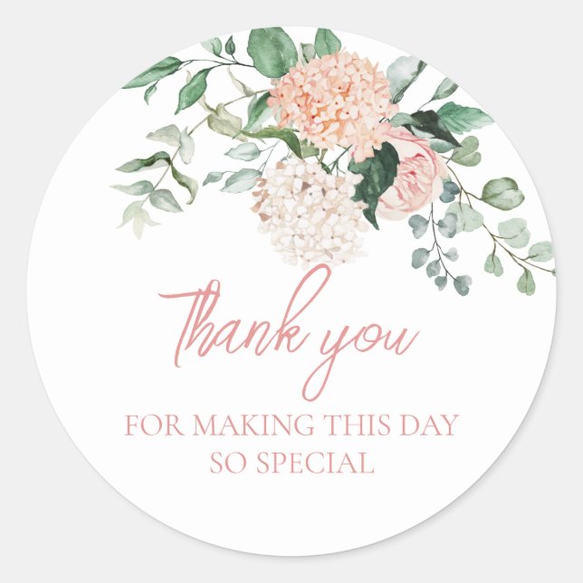 Elegant Pink Floral Thank You Classic Round Sticker (Front)