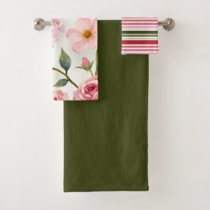 Elegant Pink Floral Three Piece Bath Towel Set
