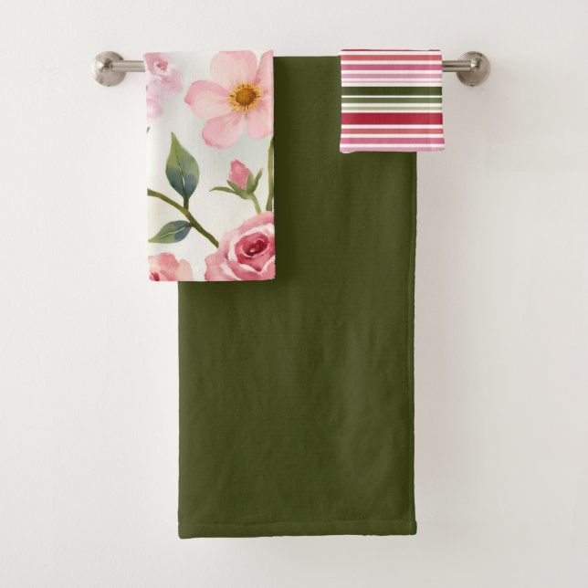 Elegant Pink Floral Three Piece Bath Towel Set (Insitu)