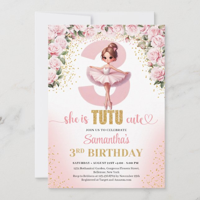Elegant pink floral tutu dress gold girl 3rd invitation (Front)