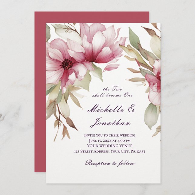 Elegant Pink Floral Two Shall Become One Bible Invitation (Front/Back)