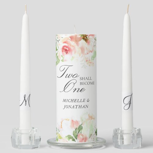 Elegant Pink Floral Two Shall Become One Wedding Unity Candle Set