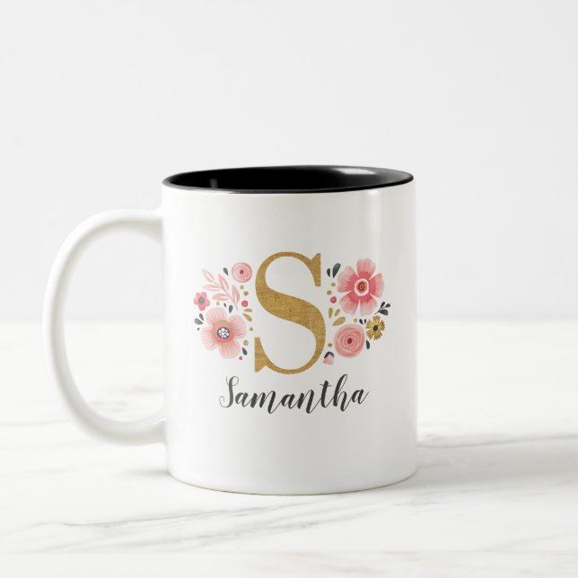 Elegant Pink Floral Two-Tone Coffee Mug (Left)