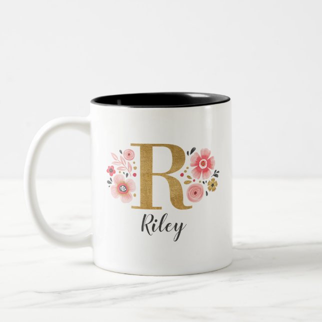 Elegant Pink Floral Two-Tone Coffee Mug (Left)