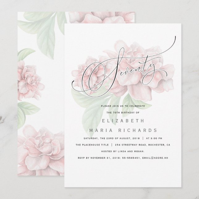 Elegant Pink Floral Typography 70 Birthday Party Invitation (Front/Back)