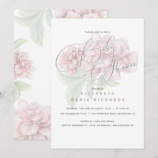Elegant Pink Floral Typography Baby Shower Invitation (Front/Back)