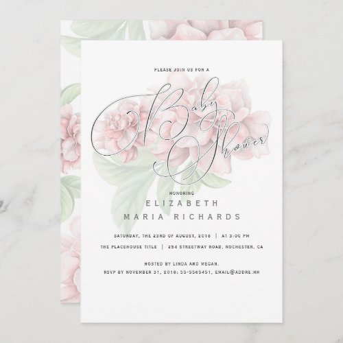 Elegant Pink Floral Typography Baby Shower Invitation