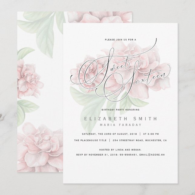 Elegant Pink Floral Typography Sweet 16 Birthday Invitation (Front/Back)