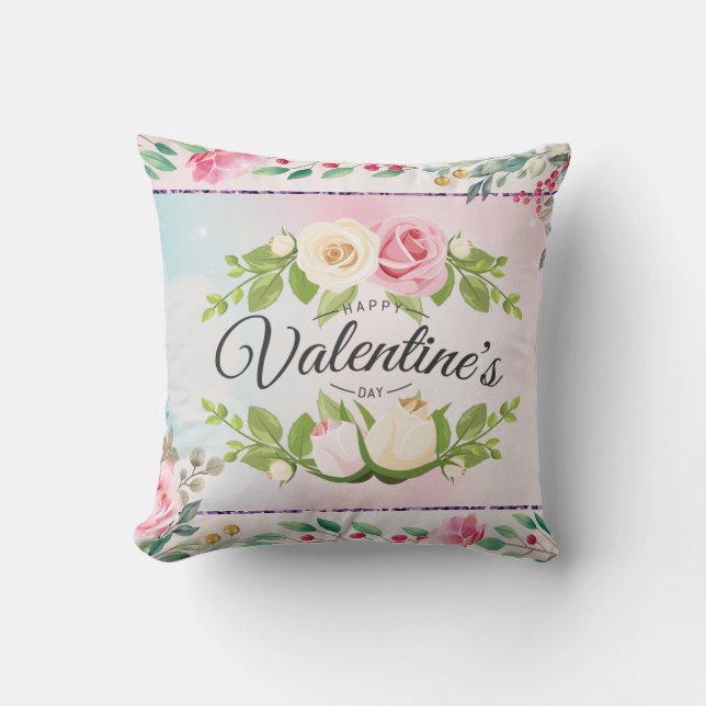 Elegant Pink Floral Valentine's Day Postcard Throw Pillow (Front)