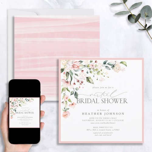 Elegant Pink Floral Virtual Bridal Shower Invitati Invitation