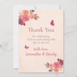 Elegant Pink Floral Watercolor 1st Birthday Thank You Card