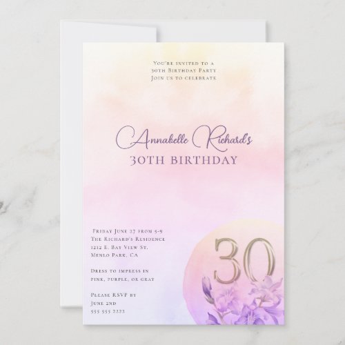 Elegant Pink Floral Watercolor 30th Birthday Party Invitation