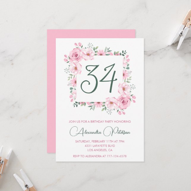 Elegant Pink Floral Watercolor 34th birthday  Invitation (Front/Back In Situ)