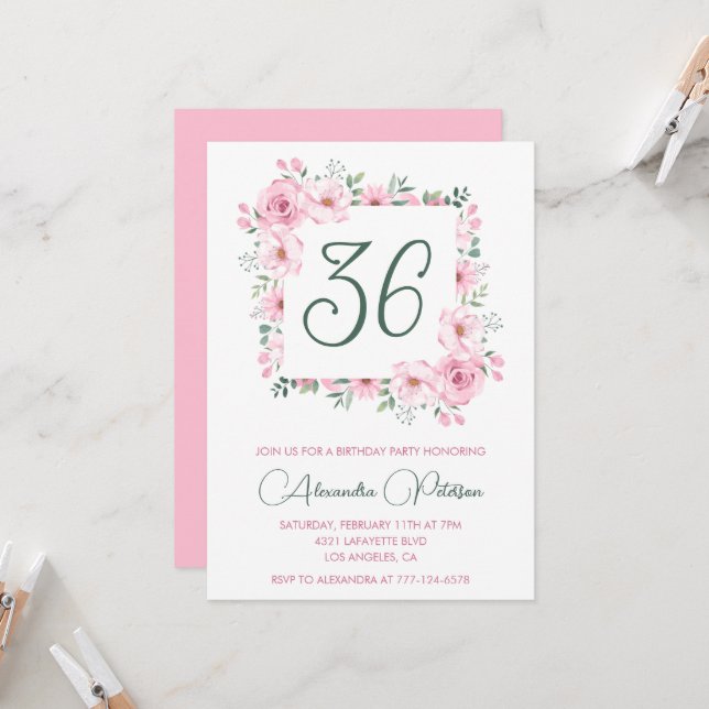 Elegant Pink Floral Watercolor 36th birthday  Invitation (Front/Back In Situ)