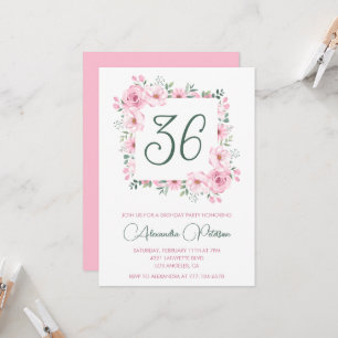 Elegant Pink Floral Watercolor 36th birthday Invitation