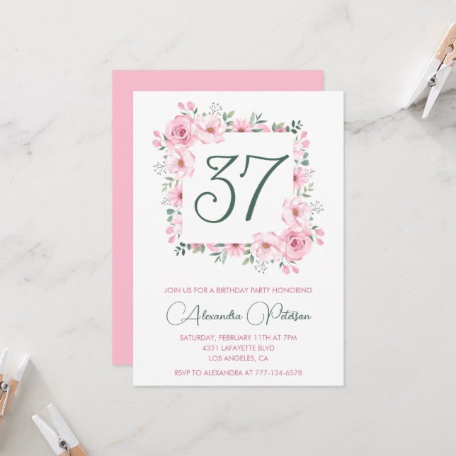 Elegant Pink Floral Watercolor 37th birthday  Invitation (Front/Back In Situ)