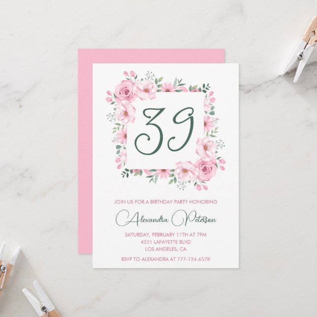 Elegant Pink Floral Watercolor 39th birthday  Invitation (Front/Back In Situ)