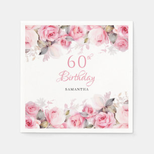 Elegant Pink Floral Watercolor 60th Birthday Napkins