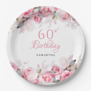 Elegant Pink Floral Watercolor 60th Birthday Paper Plates