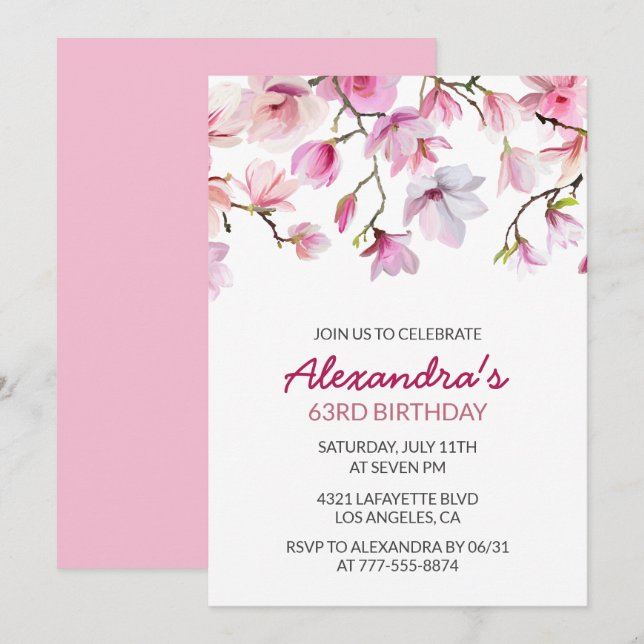 Elegant Pink Floral Watercolor 63rd birthday Invitation (Front/Back)