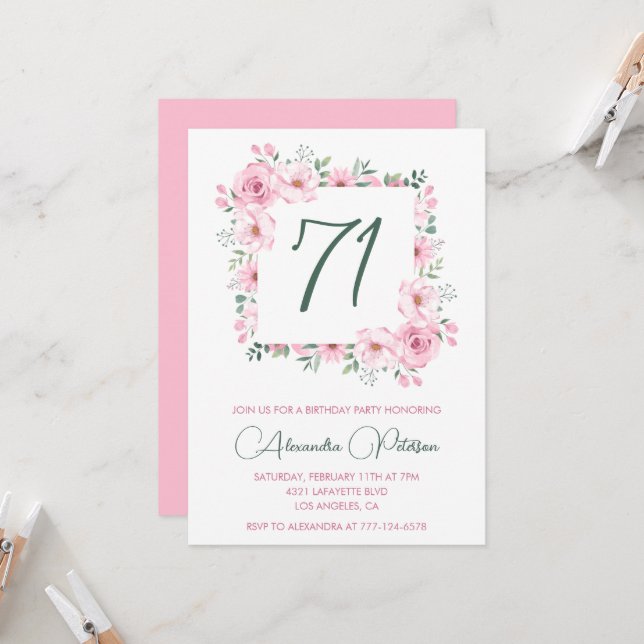 Elegant Pink Floral Watercolor 71st birthday  Invitation (Front/Back In Situ)