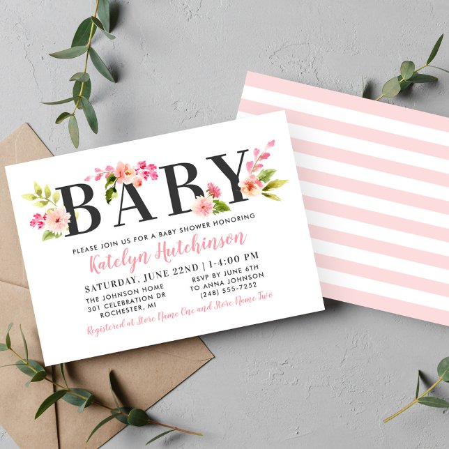 Elegant Pink Floral Watercolor Baby Shower Girl Invitation (Creator Uploaded)
