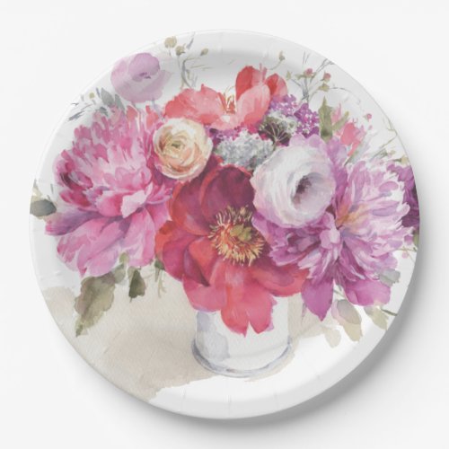 Elegant Pink Floral Watercolor Bouquet Paper Plates