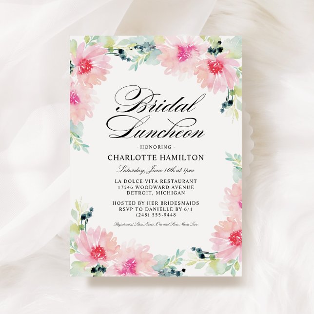 Elegant Pink Floral Watercolor Bridal Luncheon Invitation (Creator Uploaded)