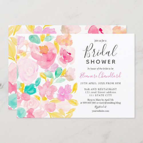 Elegant pink floral watercolor bridal shower invitation