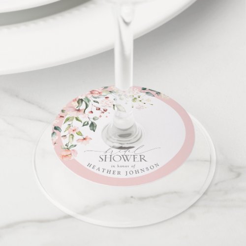 Elegant Pink Floral Watercolor Bridal Shower Wine Glass Tag