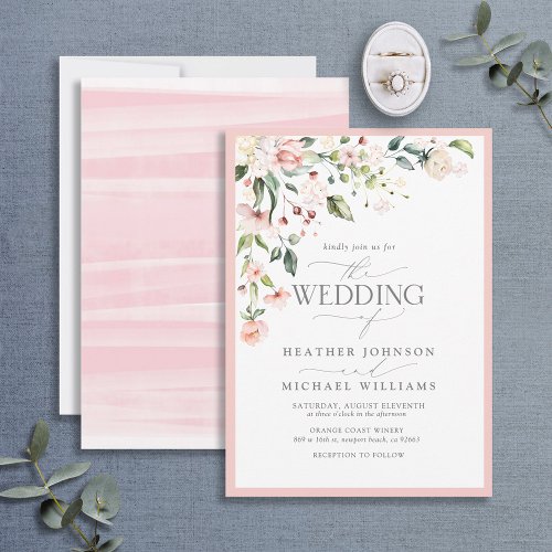 Elegant Pink Floral Watercolor Calligraphy Wedding Invitation