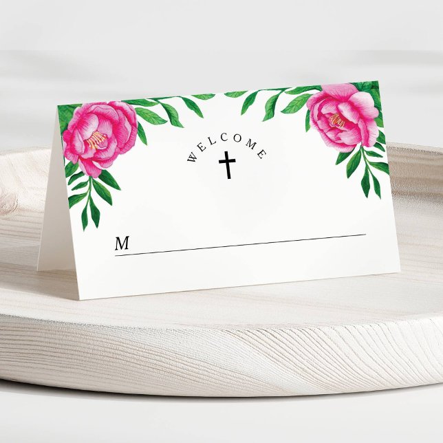 Elegant Pink Floral Watercolor First Communion  Place Card (Elegant Pink Floral Watercolor First Communion Place Card)