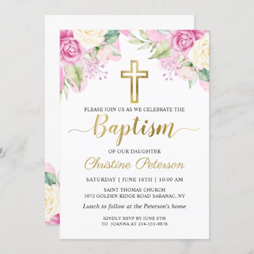 Elegant Pink Floral Watercolor Girl Baptism Invitation