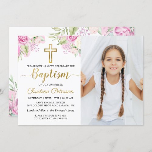 Elegant Pink Floral Watercolor Girl Baptism Photo Invitation