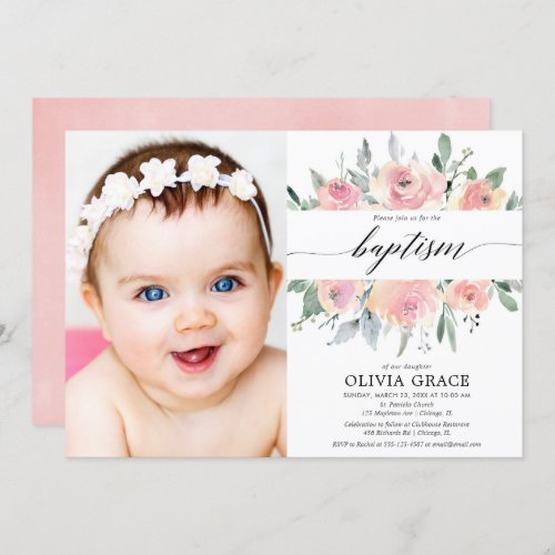 Elegant pink floral watercolor girl baptism photo invitation