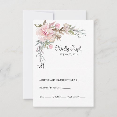 Elegant Pink Floral Watercolor Greenery Wedding RSVP Card