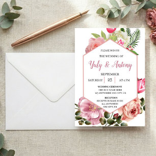 Elegant Pink Floral Watercolor Hexagon  Invitation