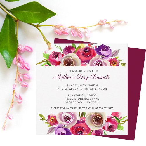 Elegant Pink Floral Watercolor Mothers Day Brunch Invitation