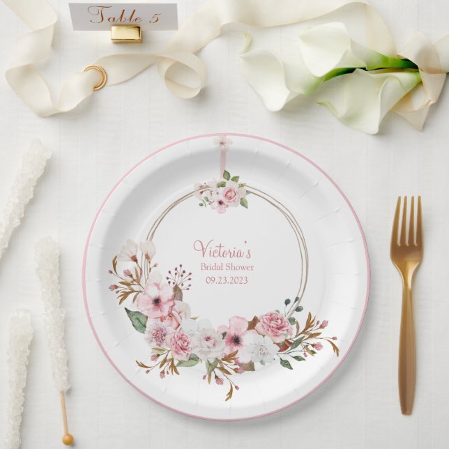 Elegant Pink Floral Watercolor Name Bridal Shower Paper Plates (Wedding)