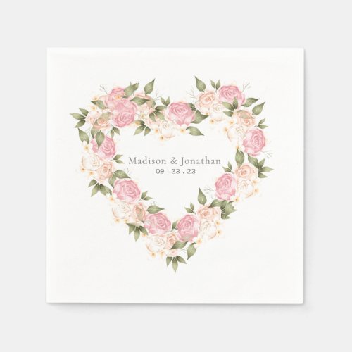 Elegant Pink Floral Watercolor Names Date Wedding Napkins