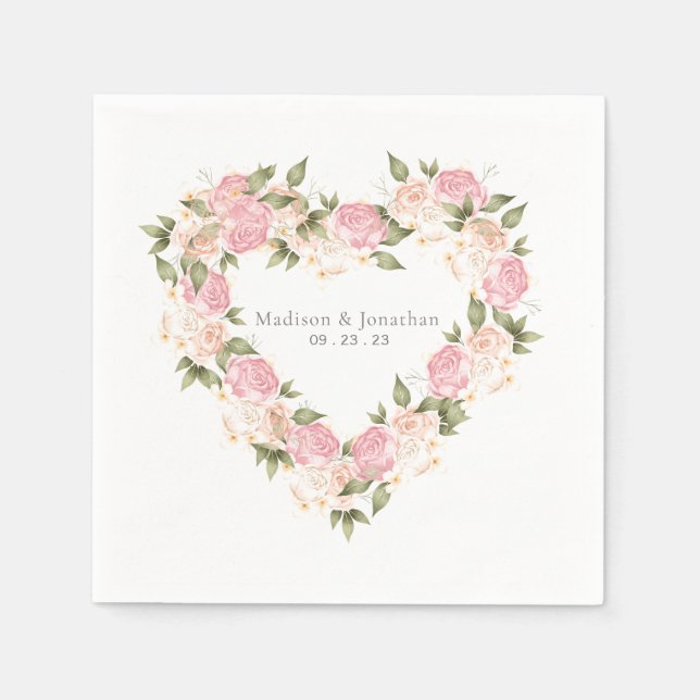 Elegant Pink Floral Watercolor Names Date Wedding Napkins (Front)