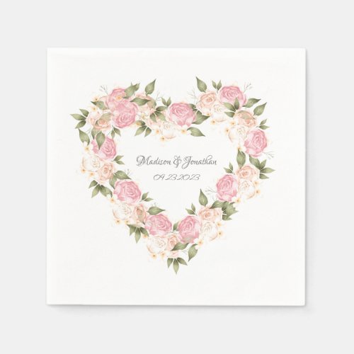 Elegant Pink Floral Watercolor Names Wedding Heart Napkins
