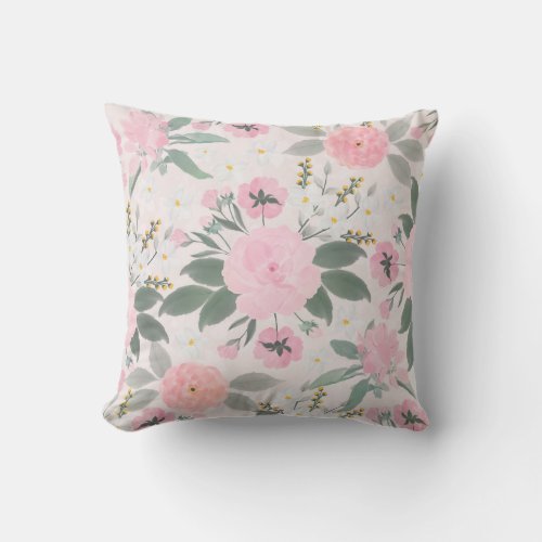 Elegant Pink Floral Watercolor Painting Throw Pillow