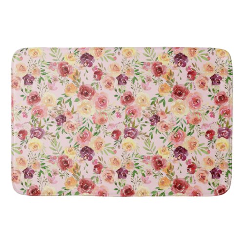 Elegant Pink Floral Watercolor Peony Flower Bath Mat