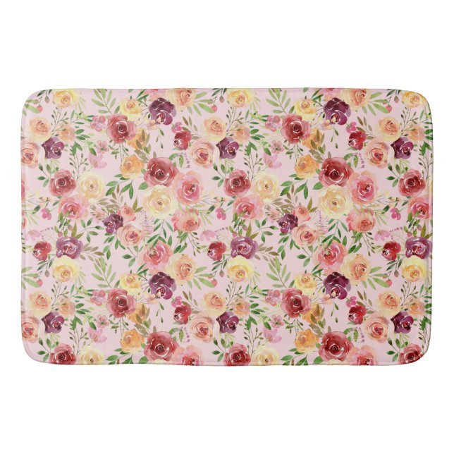 Elegant Pink Floral Watercolor Peony Flower Bath Mat (Front)